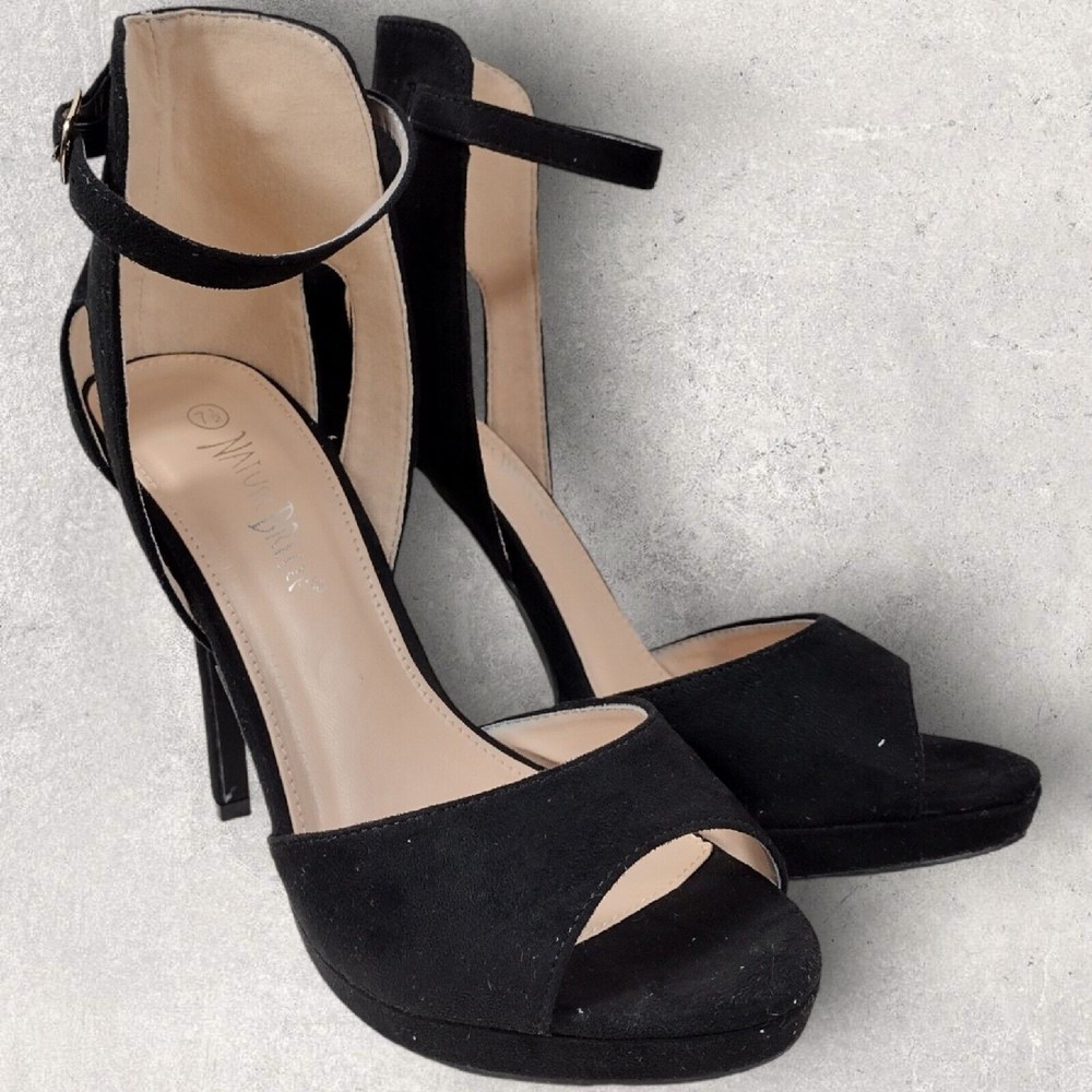 Nature Breeze Women's 7.5 Black Velour Heels Sandals USED EUC ORIGINAL BOX